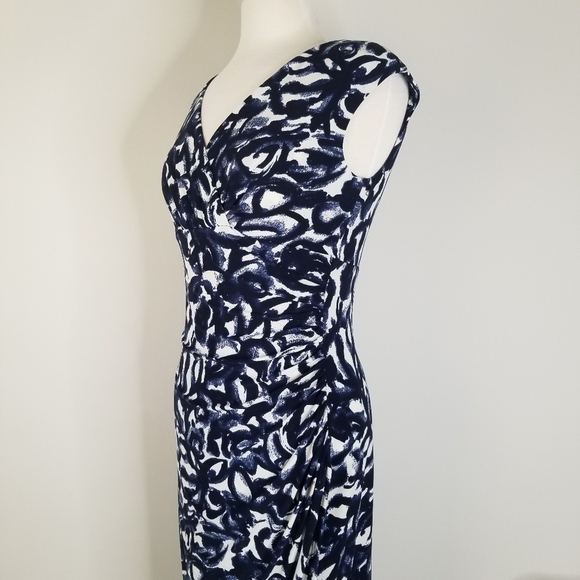 NWT Lauren Ralph Lauren Navy Print Stretch Sheath Dress Side Ruched Cap Sleeve 8 - Picture 7 of 15